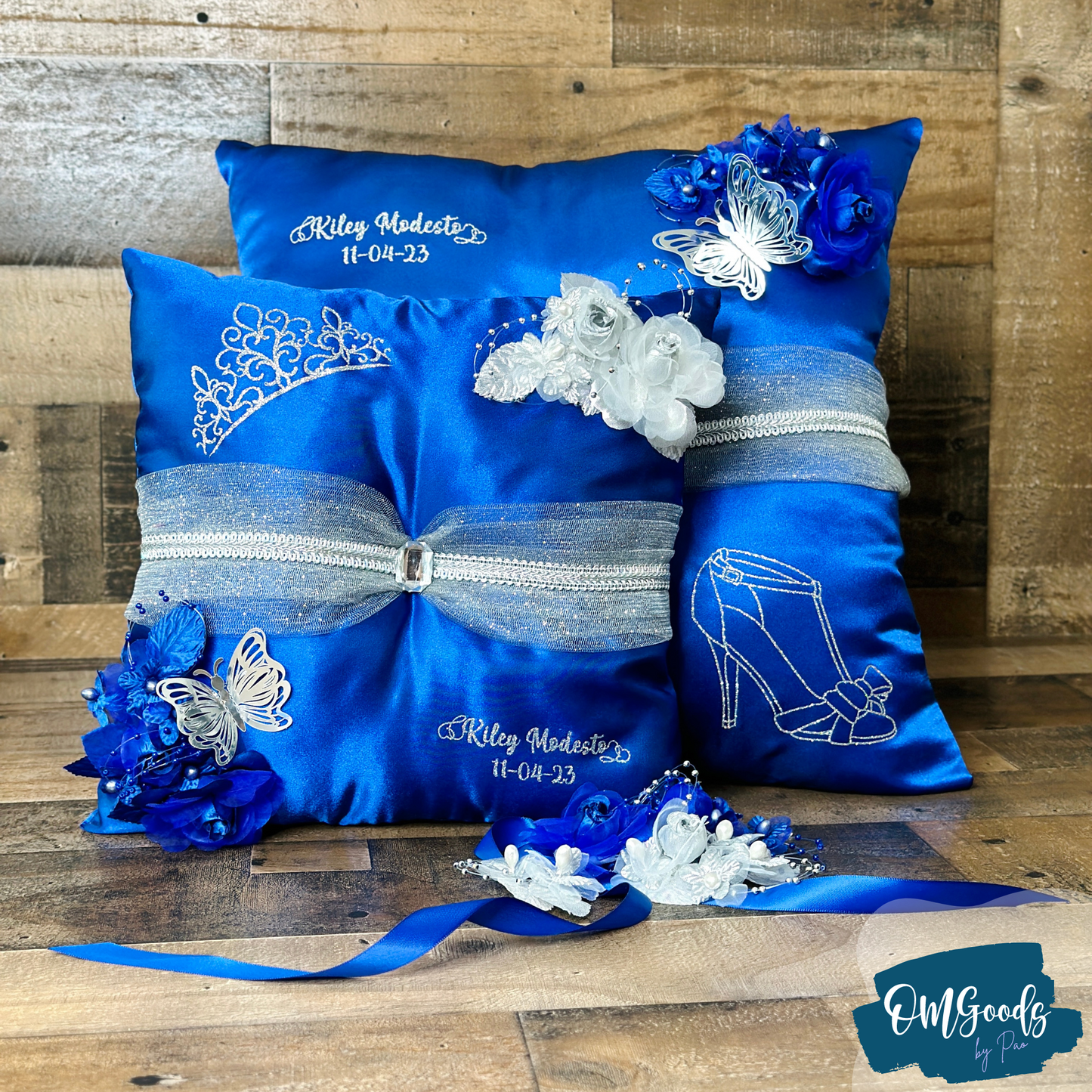 Blue Quinceañera Pillow Set | Sweet 16 Set, Shoe Pillow, Tiara Pillow & Corsage