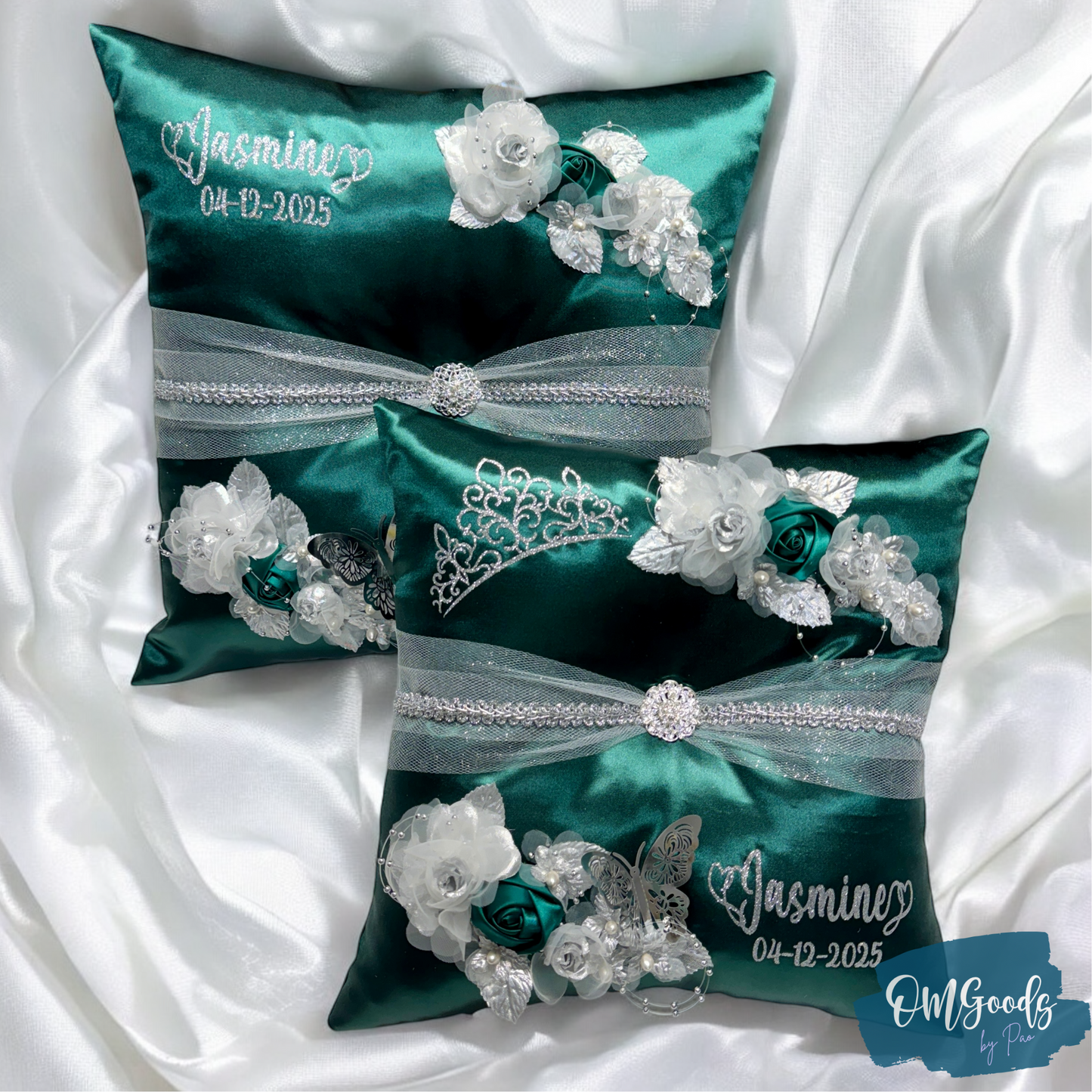 Hunter Green Quinceañera Pillow Set | Sweet 16 Full Set, Shoe Pillow, Tiara Pillow & Corsage