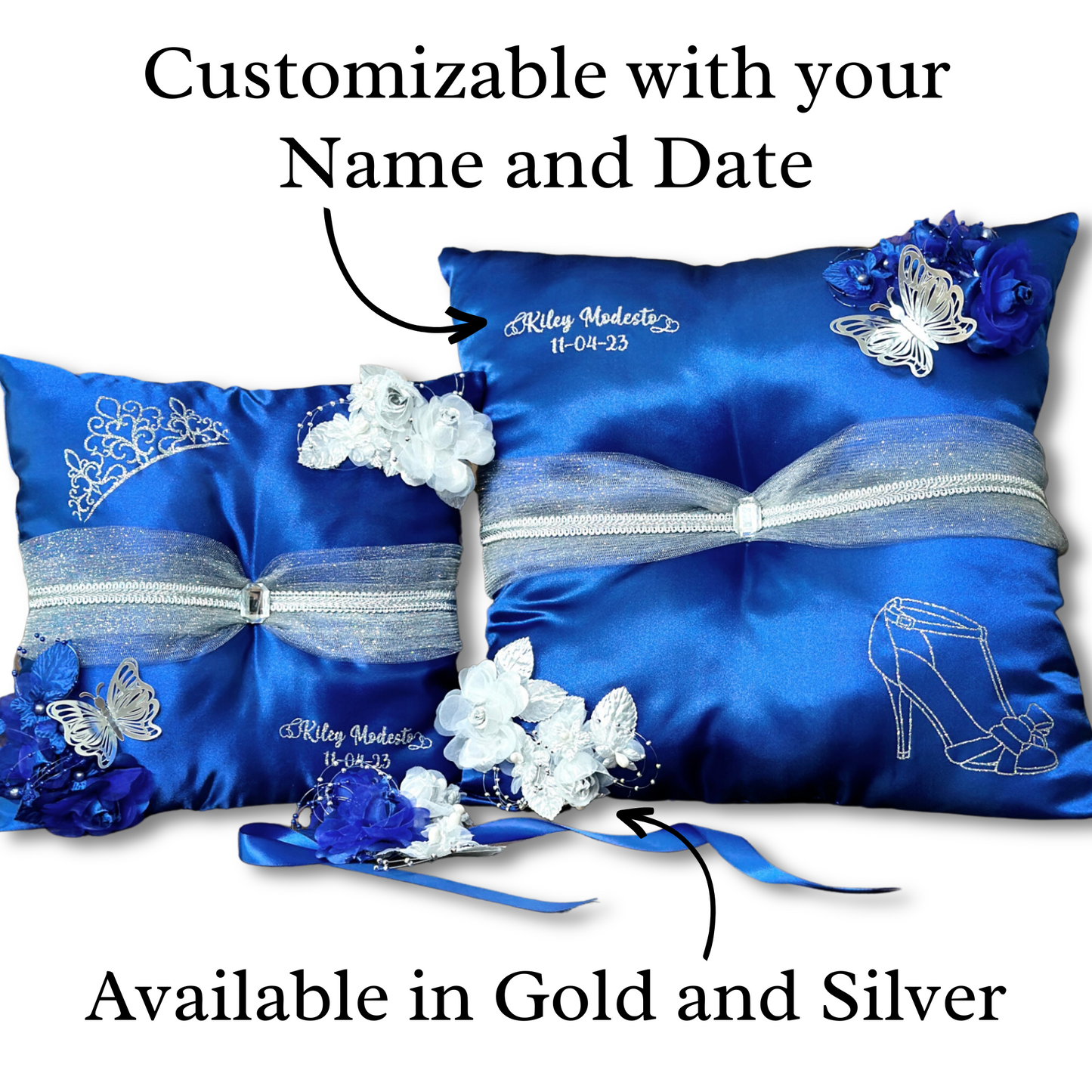 Blue Quinceañera Pillow Set | Sweet 16 Set, Shoe Pillow, Tiara Pillow & Corsage