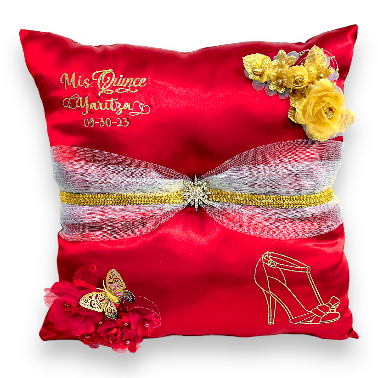 Red Quinceañera Pillow Set | Sweet 16 Full Set, Shoe Pillow, Tiara Pillow & Corsage