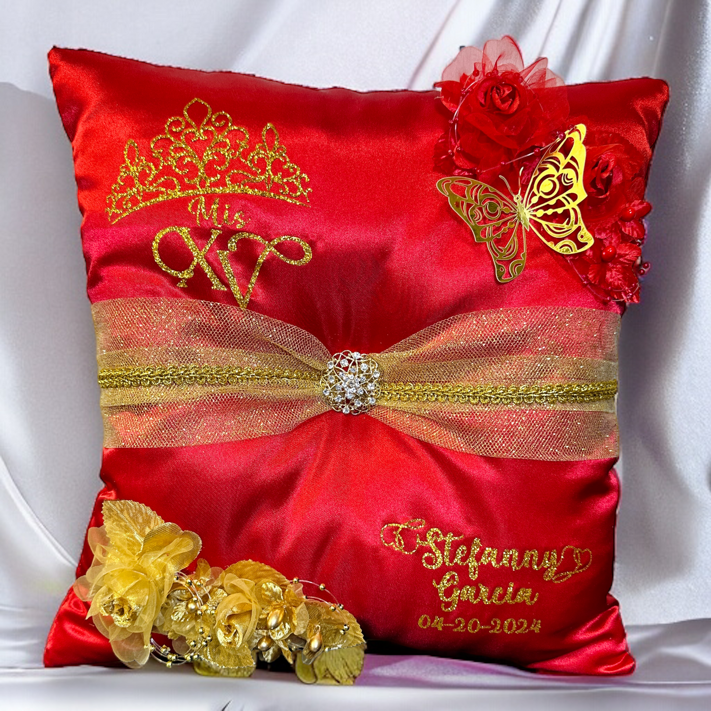 Red Quinceañera Pillow Set | Sweet 16 Full Set, Shoe Pillow, Tiara Pillow & Corsage