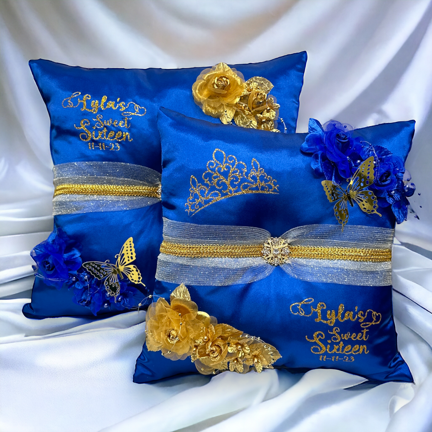 Blue Quinceañera Pillow Set | Sweet 16 Set, Shoe Pillow, Tiara Pillow & Corsage