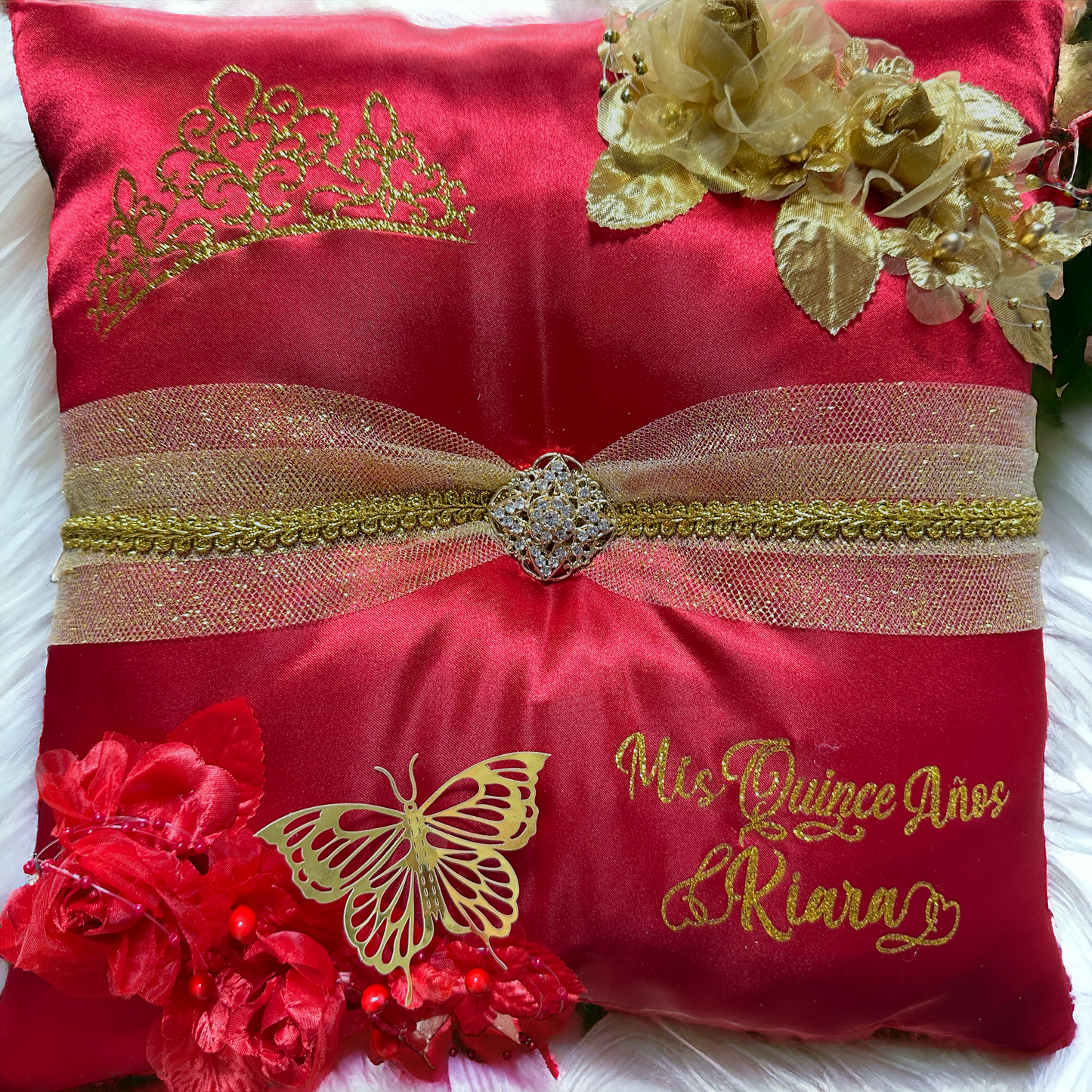 Red Quinceañera Pillow Set | Sweet 16 Full Set, Shoe Pillow, Tiara Pillow & Corsage