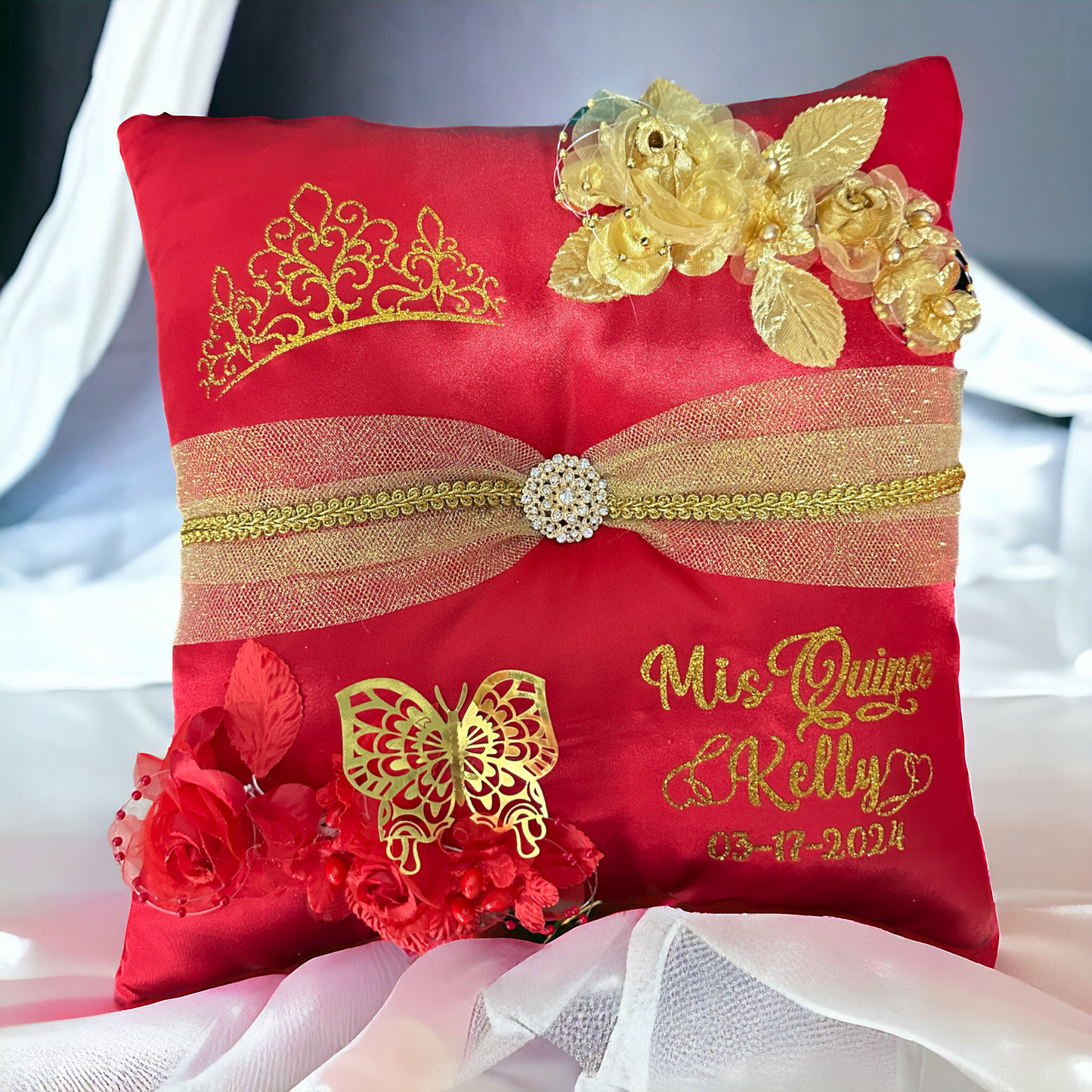 Red Quinceañera Pillow Set | Sweet 16 Full Set, Shoe Pillow, Tiara Pillow & Corsage