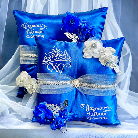 Blue Quinceañera Pillow Set | Sweet 16 Set, Shoe Pillow, Tiara Pillow & Corsage