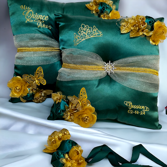 Hunter Green  Quinceañera Pillow Set | Sweet 16 Full Set, Shoe Pillow, Tiara Pillow & Corsage