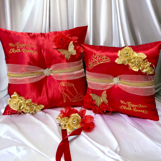 Red Quinceañera Pillow Set | Sweet 16 Full Set, Shoe Pillow, Tiara Pillow & Corsage